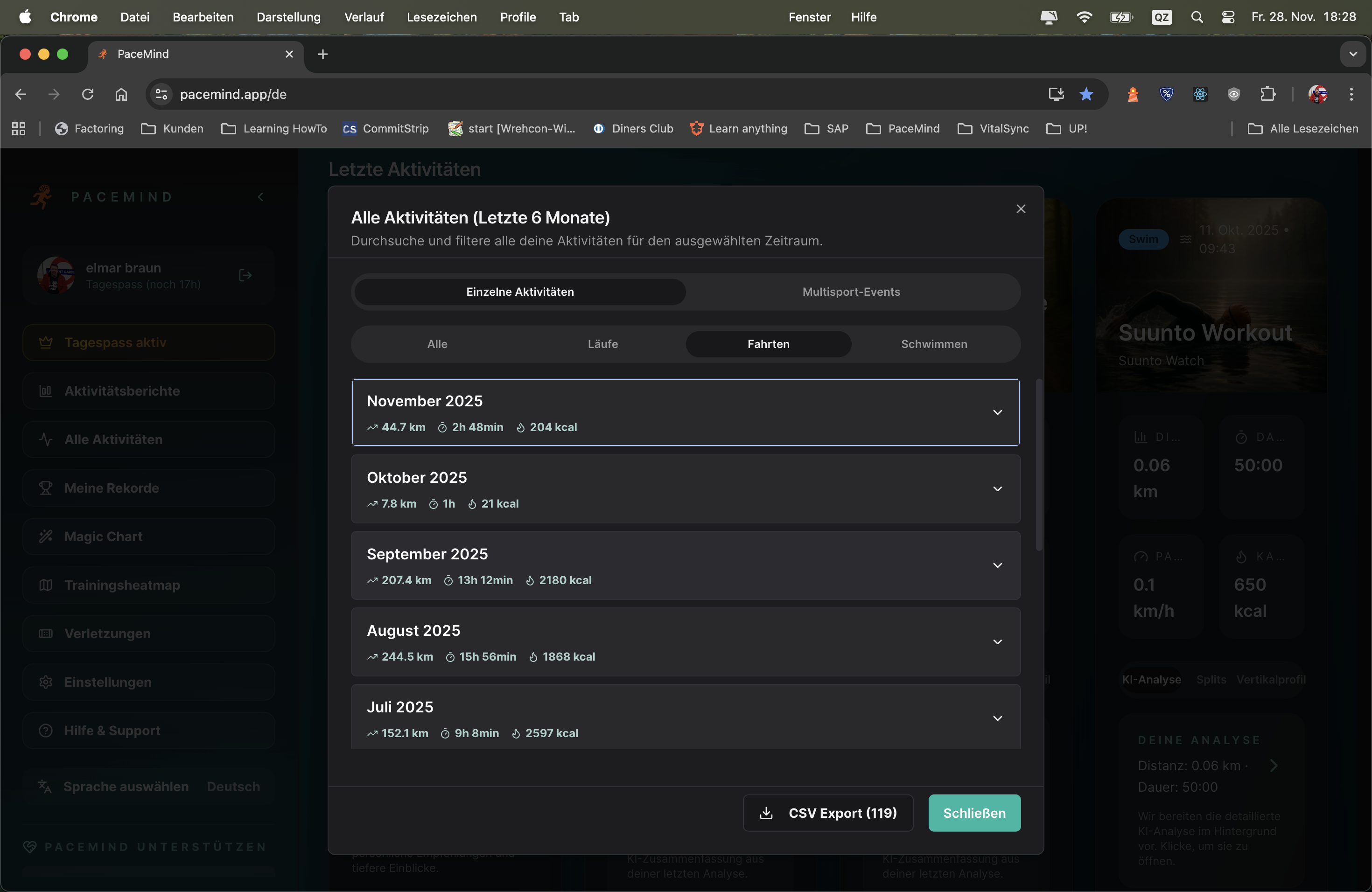 Expandierte Monatsansicht mit allen einzelnen Trainings